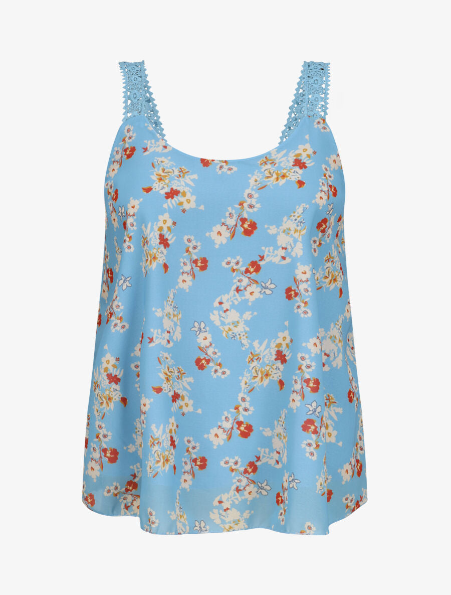 Top en voile imprimé fleurs de printemps - Bleu ciel - 1