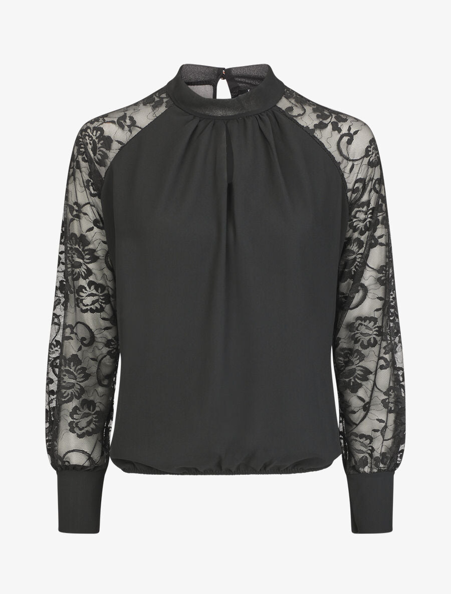 Blouse en voile unie à manches en dentelle - Noir - 1