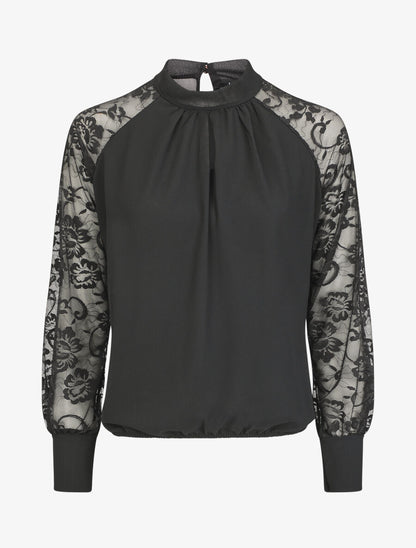 Blouse en voile unie à manches en dentelle - Noir - 1