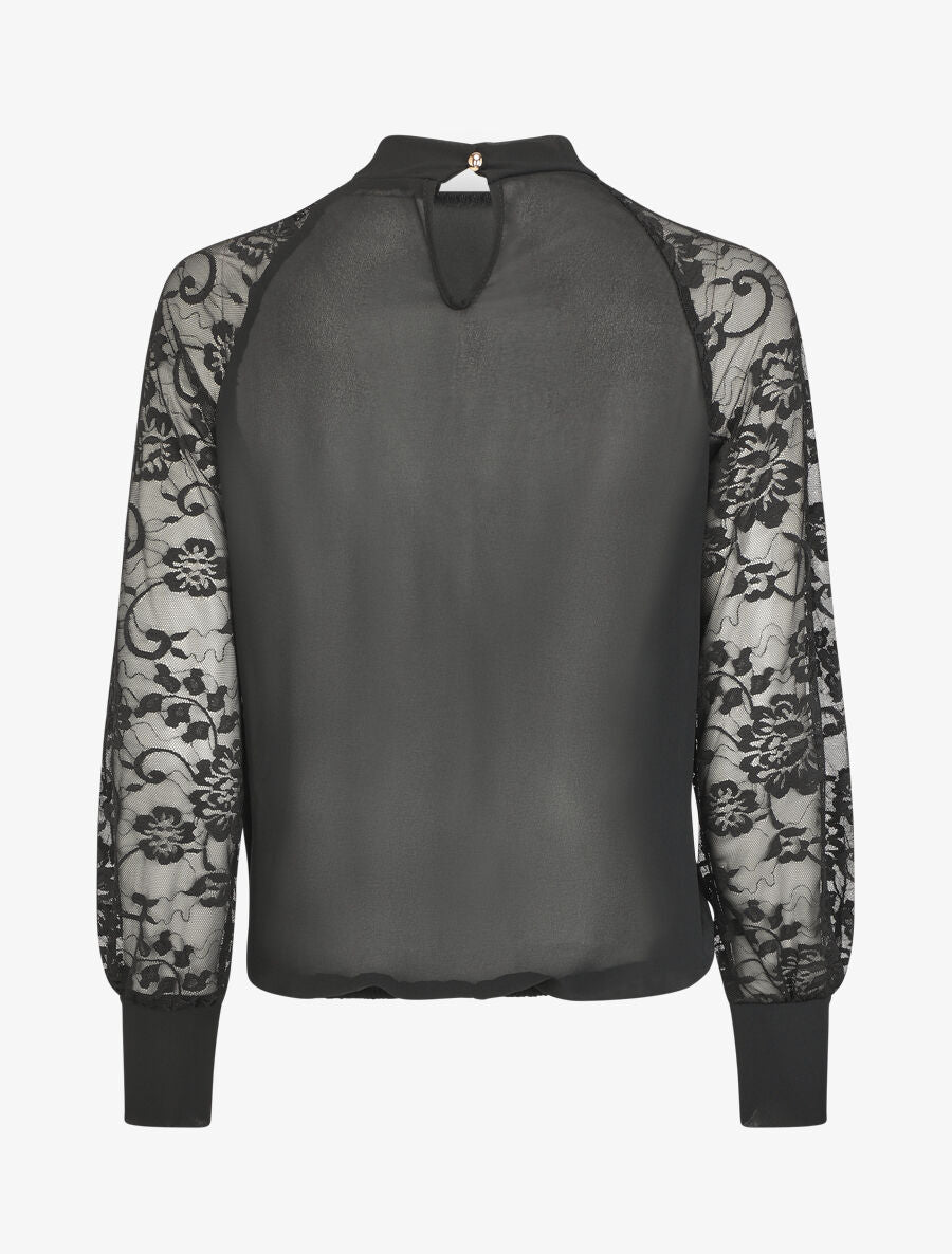 Blouse en voile unie à manches en dentelle - Noir - 2