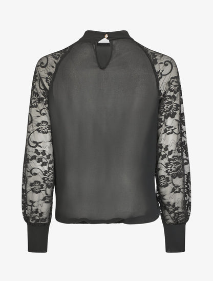Blouse en voile unie à manches en dentelle - Noir - 2
