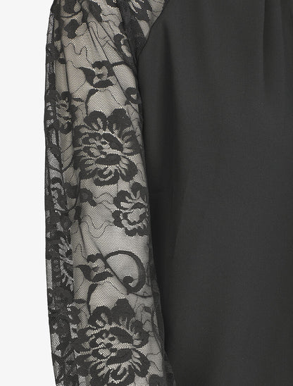 Blouse en voile unie à manches en dentelle - Noir - 3