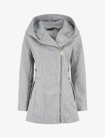 Manteau mi-long à capuche et zip - Gris - 5