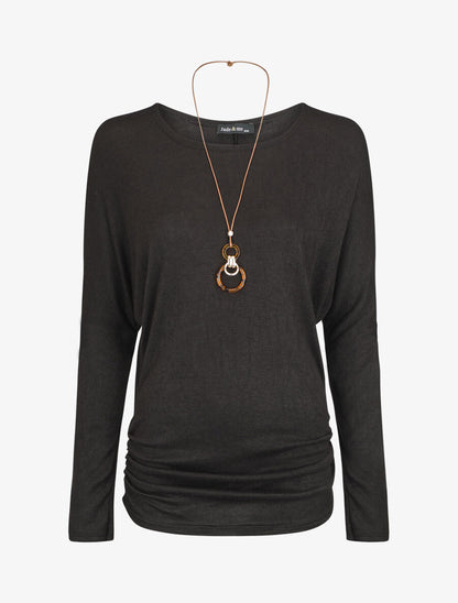 Pull fin uni froncé - Noir - 1