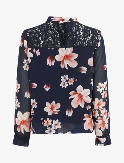 Top fleuri en dentelle - Marine - 2