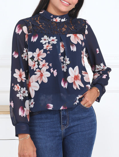 Top fleuri en dentelle - Marine - 4