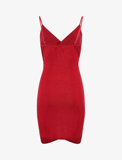 Robe courte effet drapé et pailleté - Rouge - 3