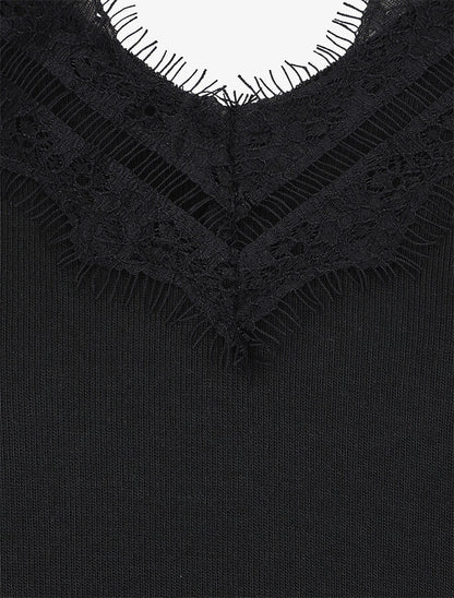 Pull fin à col V et dos en dentelle - Noir - 3