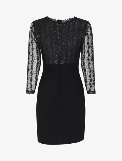 Robe droite à buste et manches en dentelle et sequins - Noir - 2