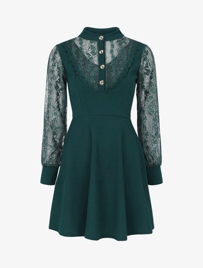Robe droite à manches en dentelle et sequins - Vert sapin - 1