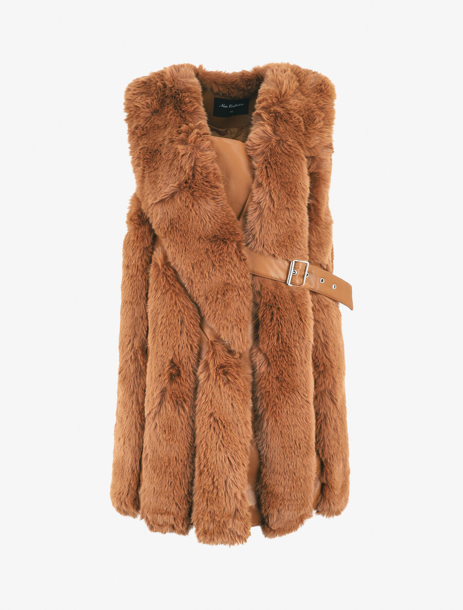 Manteau en fourrure synthétique sans manches - Camel - 1