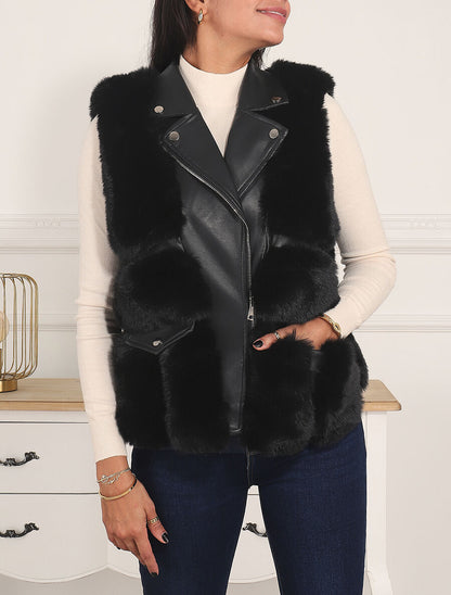 Veste sans manches en simili et fausse fourrure - Noir - 3