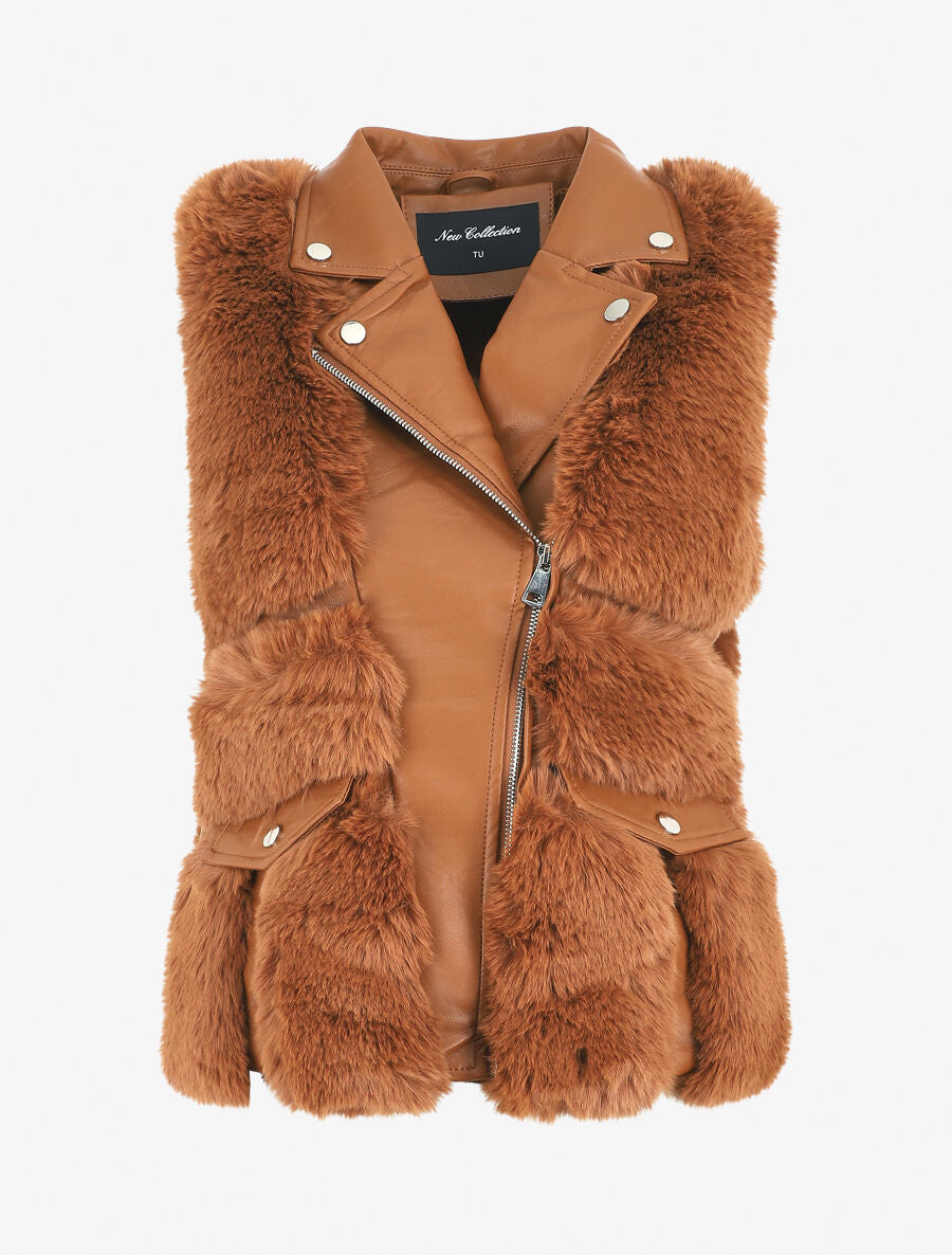 Veste sans manches en simili et fausse fourrure - Camel - 4