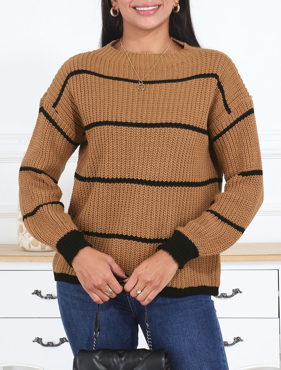 Pull en maille à imprimé rayures - Camel - 4