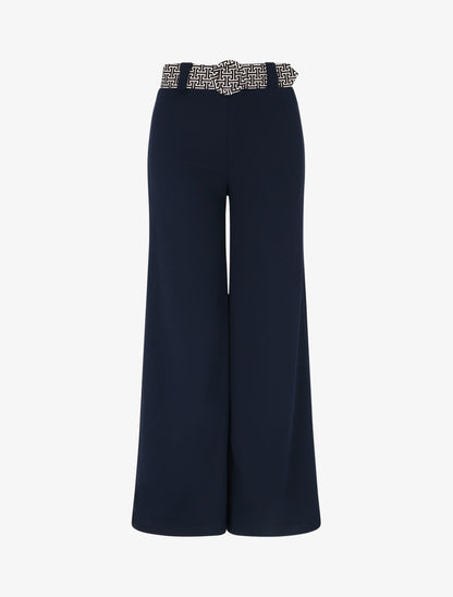 Pantalon ample à taille haute et ceinture stylisée - Marine - 3