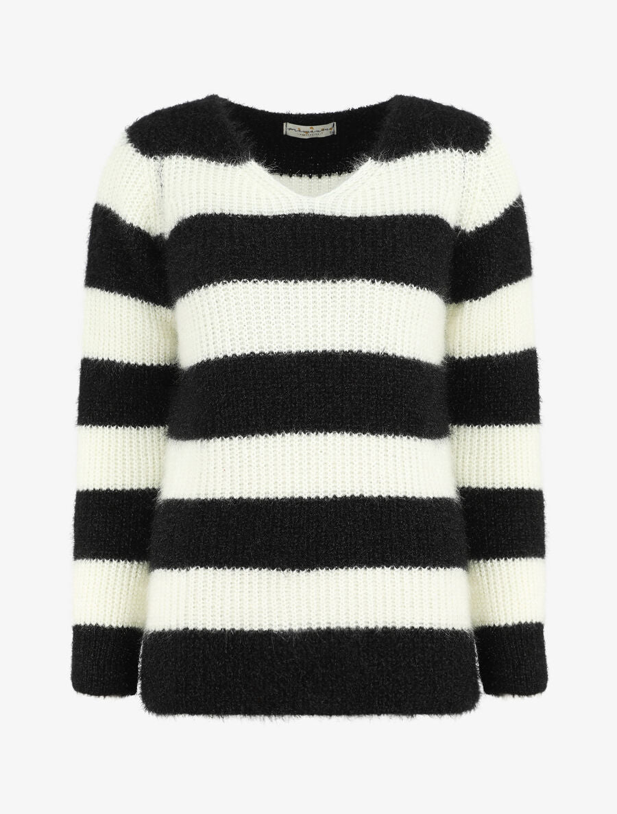 Pull duveteux à rayures et col V - Noir - 4