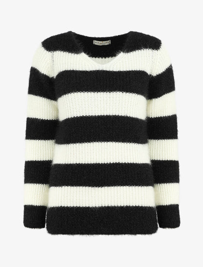 Pull duveteux à rayures et col V - Noir - 4