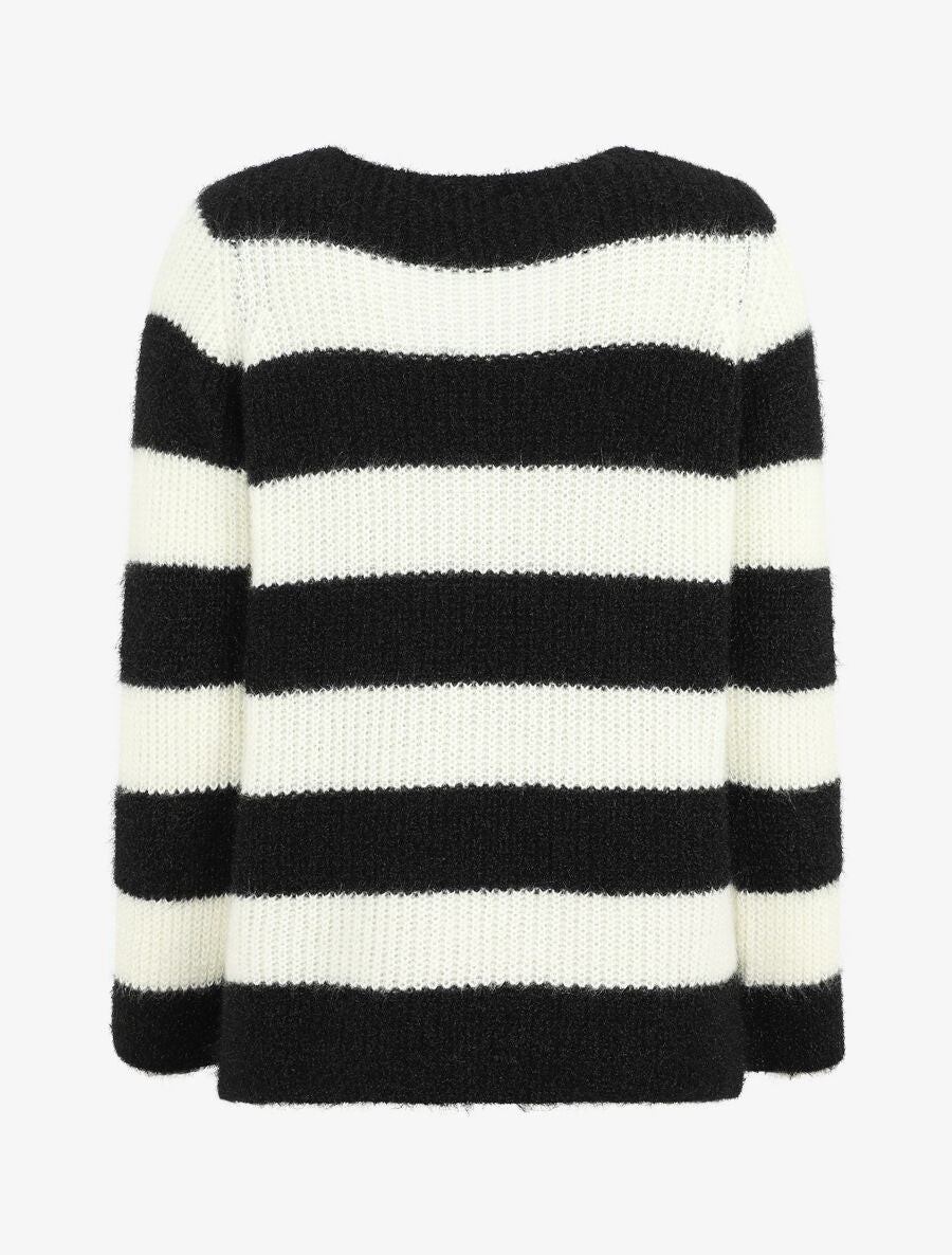 Pull duveteux à rayures et col V - Noir - 2
