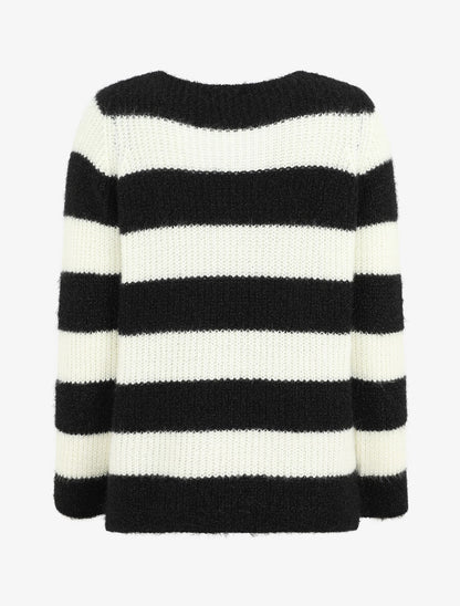 Pull duveteux à rayures et col V - Noir - 2