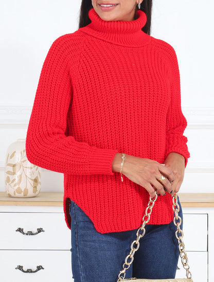 Pull en maille uni à col roulé - Rouge - 4