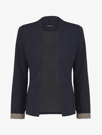 Blazer uni à revers imprimé grec - Marine - 4
