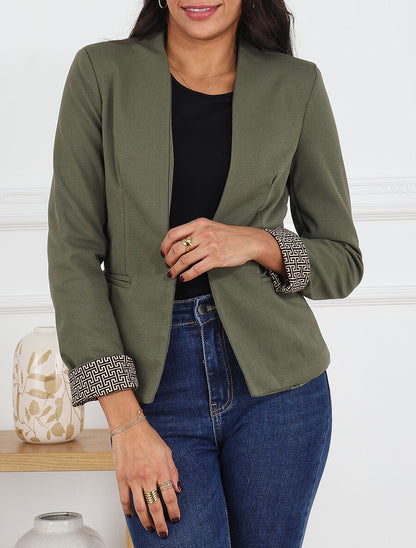 Blazer uni à revers imprimé grec - Kaki - 4