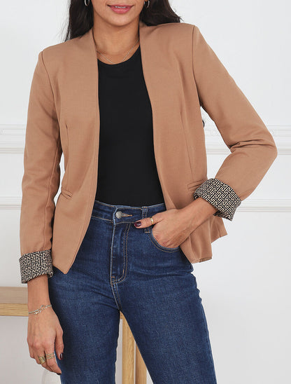 Blazer uni à revers imprimé grec - Camel - 4