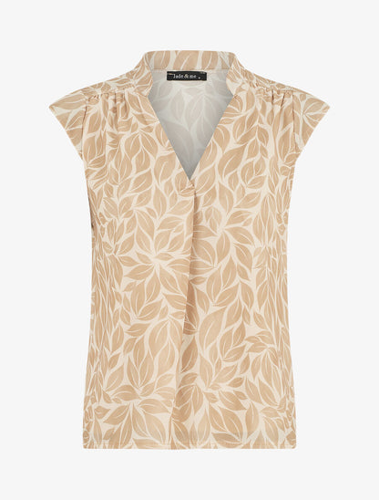Top à mancherons col V imprimé feuilles - Beige - 5