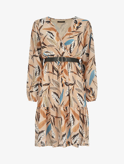 Robe mi-longue manches longues imprimé feuilles - Beige - 5