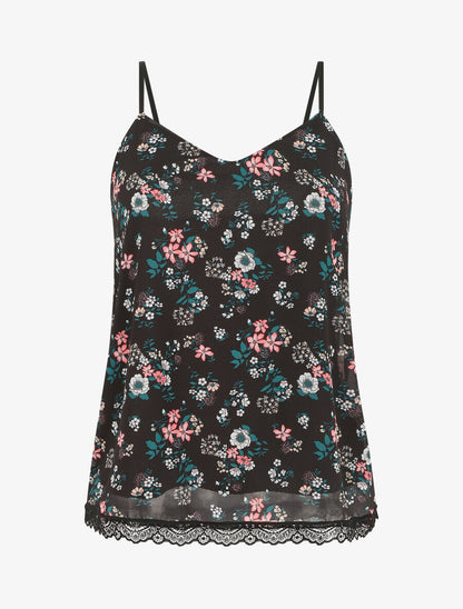 Caraco imprimé petites fleurs à bord en dentelle - Noir - 1