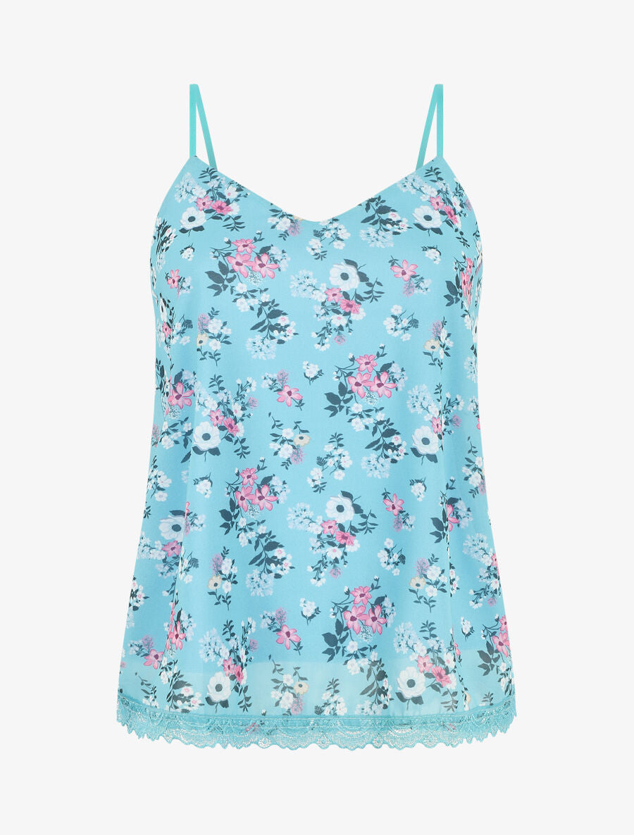 Caraco imprimé petites fleurs à bord en dentelle - Bleu clair - 1