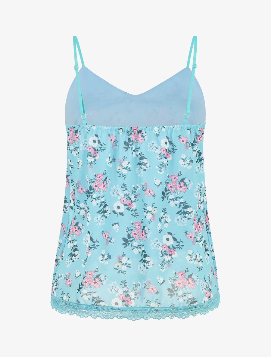 Caraco imprimé petites fleurs à bord en dentelle - Bleu clair - 2