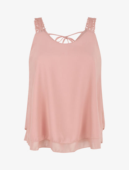 Débardeur fluide uni à bretelles en crochet - Rose - 5