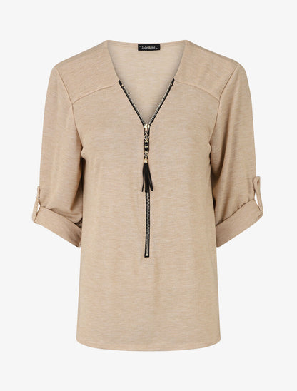 Pull fin à col V zippé - Beige - 1