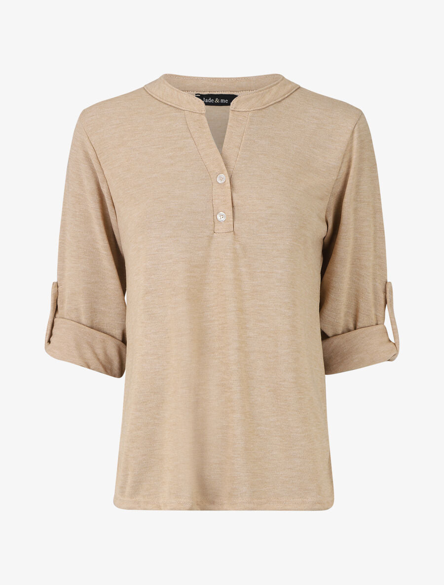 Pull uni fin à manches retroussables - Beige - 5