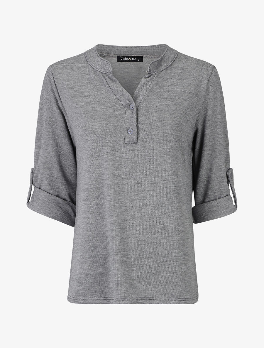 Pull uni fin à manches retroussables - Gris - 1