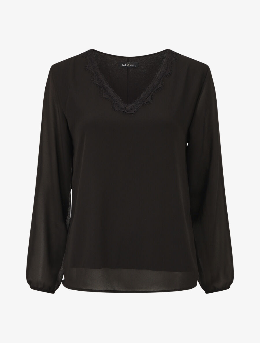 Blouse unie à manches longues et col en dentelle - Noir - 1