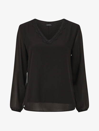 Blouse unie à manches longues et col en dentelle - Noir - 1