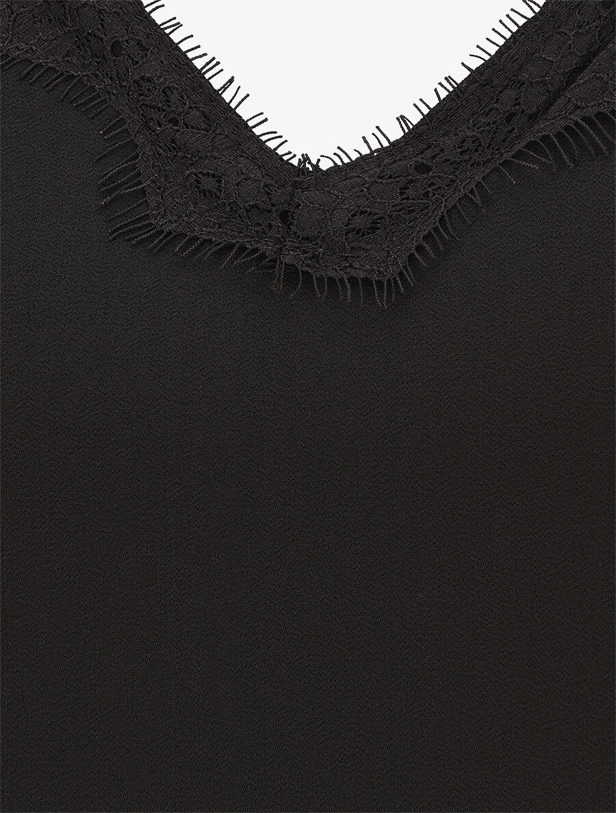 Blouse unie à manches longues et col en dentelle - Noir - 3