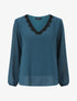 Blouse unie à manches longues et col en dentelle - Bleu canard - 5