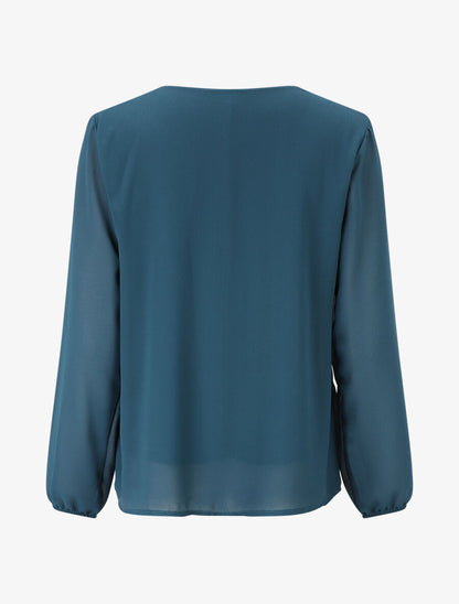 Blouse unie à manches longues et col en dentelle - Bleu canard - 2