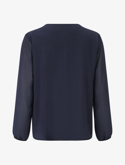 Blouse unie à manches longues et col en dentelle - Marine - 2