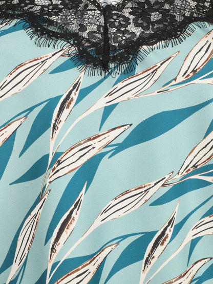Caraco satiné imprimé feuilles et dentelle - Turquoise - 3