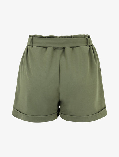 Short uni élastiqué à revers - Kaki - 2