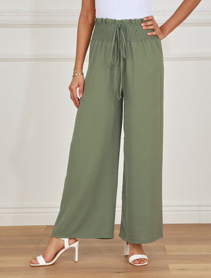 Pantalon uni ample taille haute élastiquée - Vert - 4