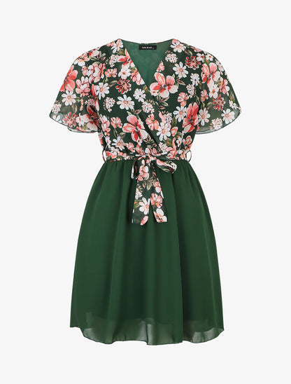 Robe courte imprimé floral col cache-coeur - Vert - 1