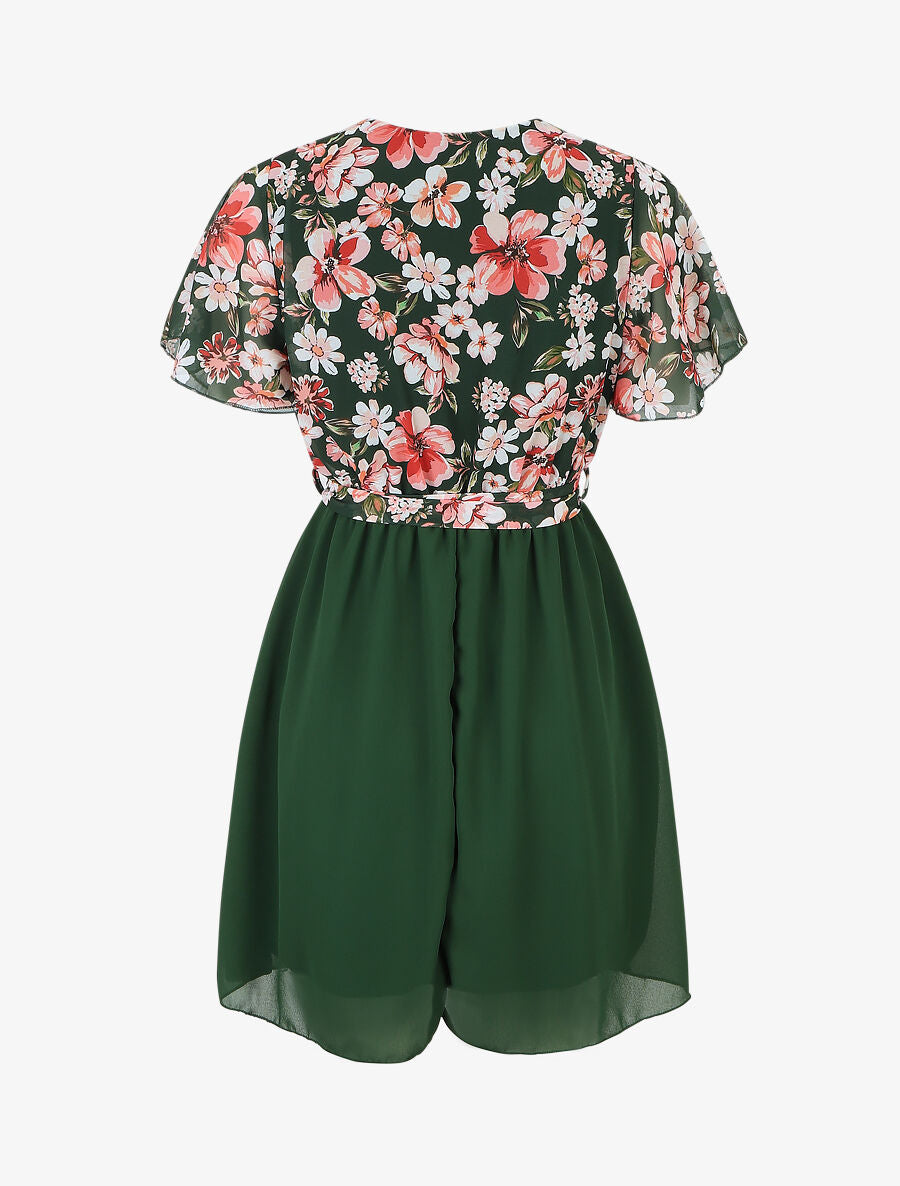 Robe courte imprimé floral col cache-coeur - Vert - 2
