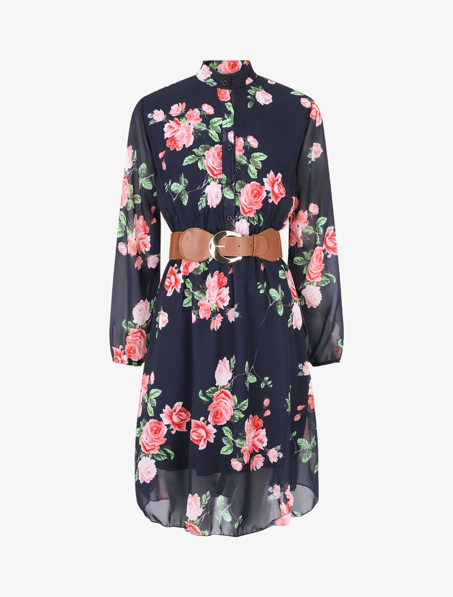 Robe élastiquée à imprimé fleuri - Marine - 1