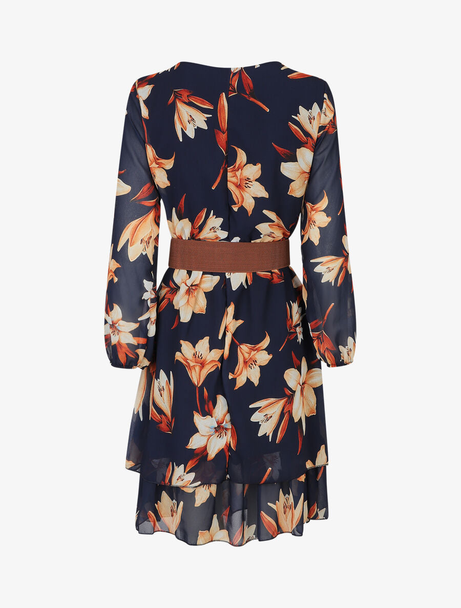 Robe élastiquée à imprimé fleurs - Marine - 2