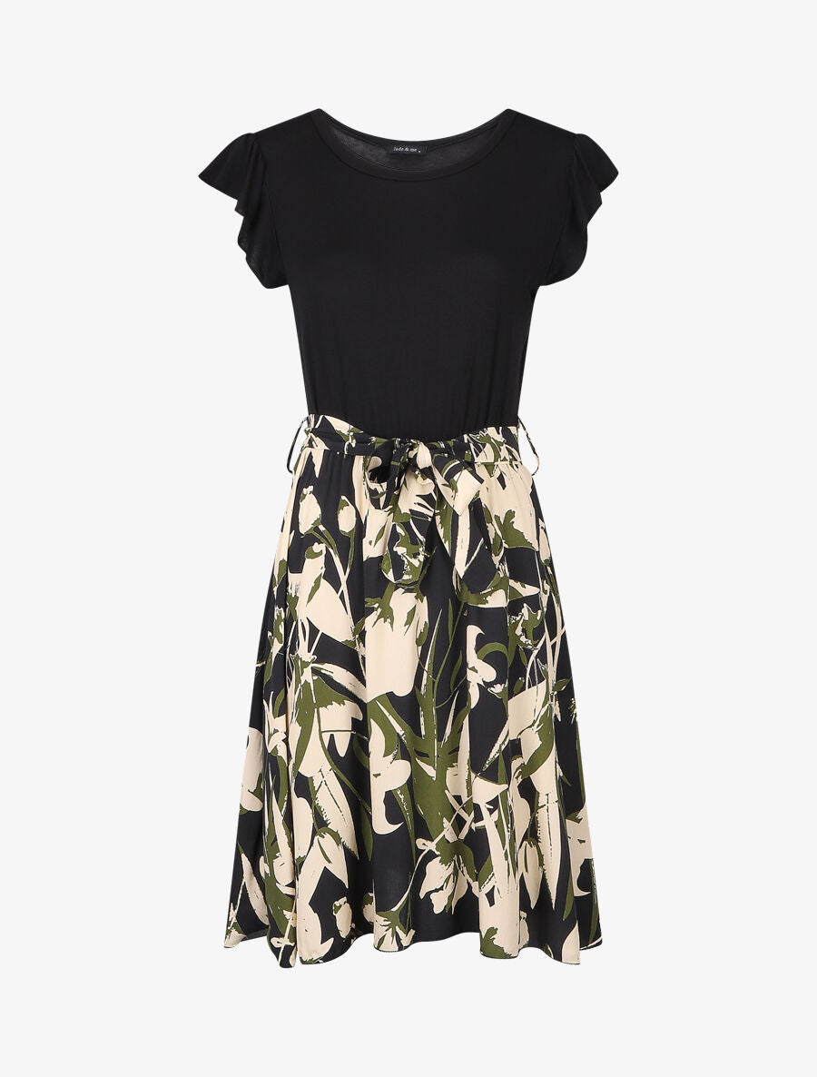 Robe évasée bi-matière imprimé graphique - Noir - 1